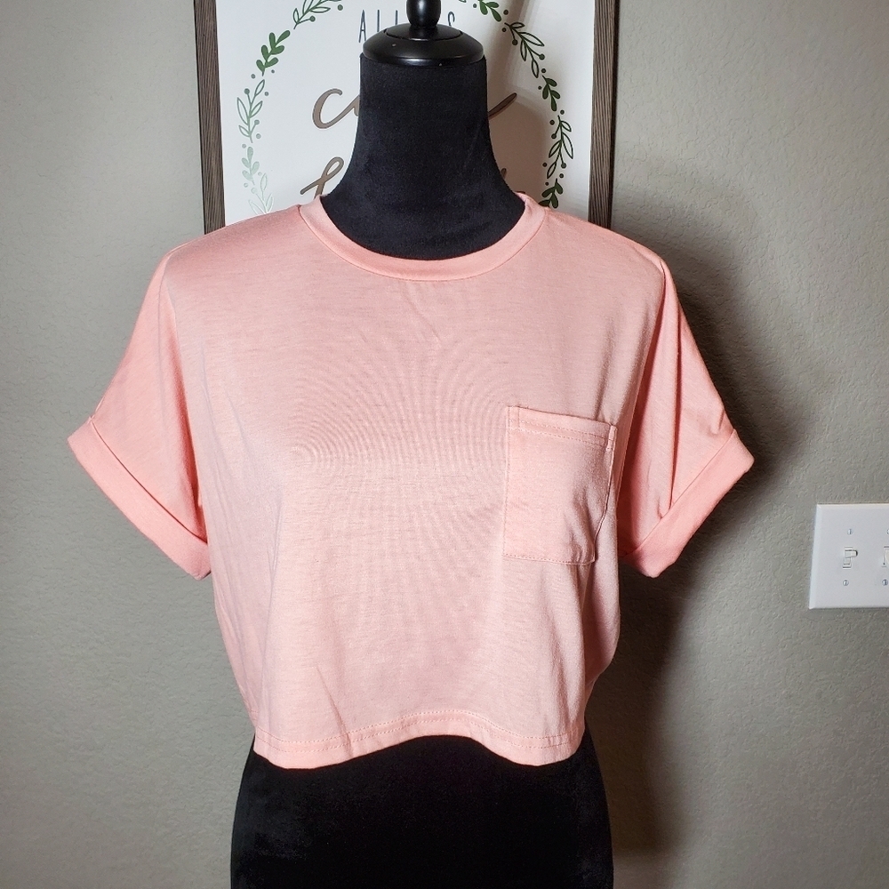 SHEIN Batwing Sleeve Pocket Patched Crop Tee Coral Pink Size Medium NWOT - Picture 11 of 16